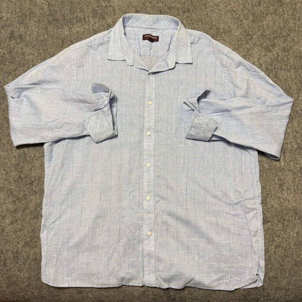 Johnston & Murphy Mens Shirt XXL 2XL Blue Plaid Linen Cotton Blend Long Sleeve